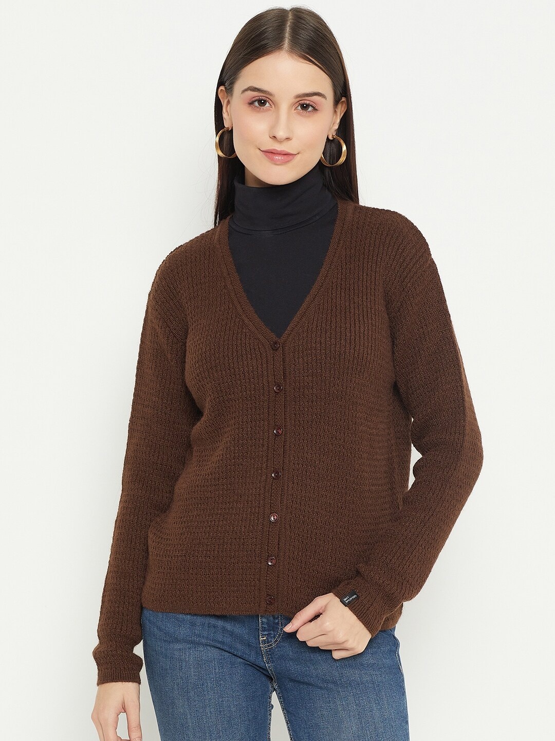 

CREATIVE LINE Ribbed V-Neck Woollen Cardigan, Brown