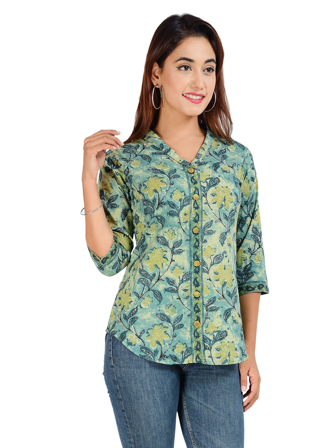 

COTLAND FASHION Floral Printed Pure Cotton Shirt Style Top, Green