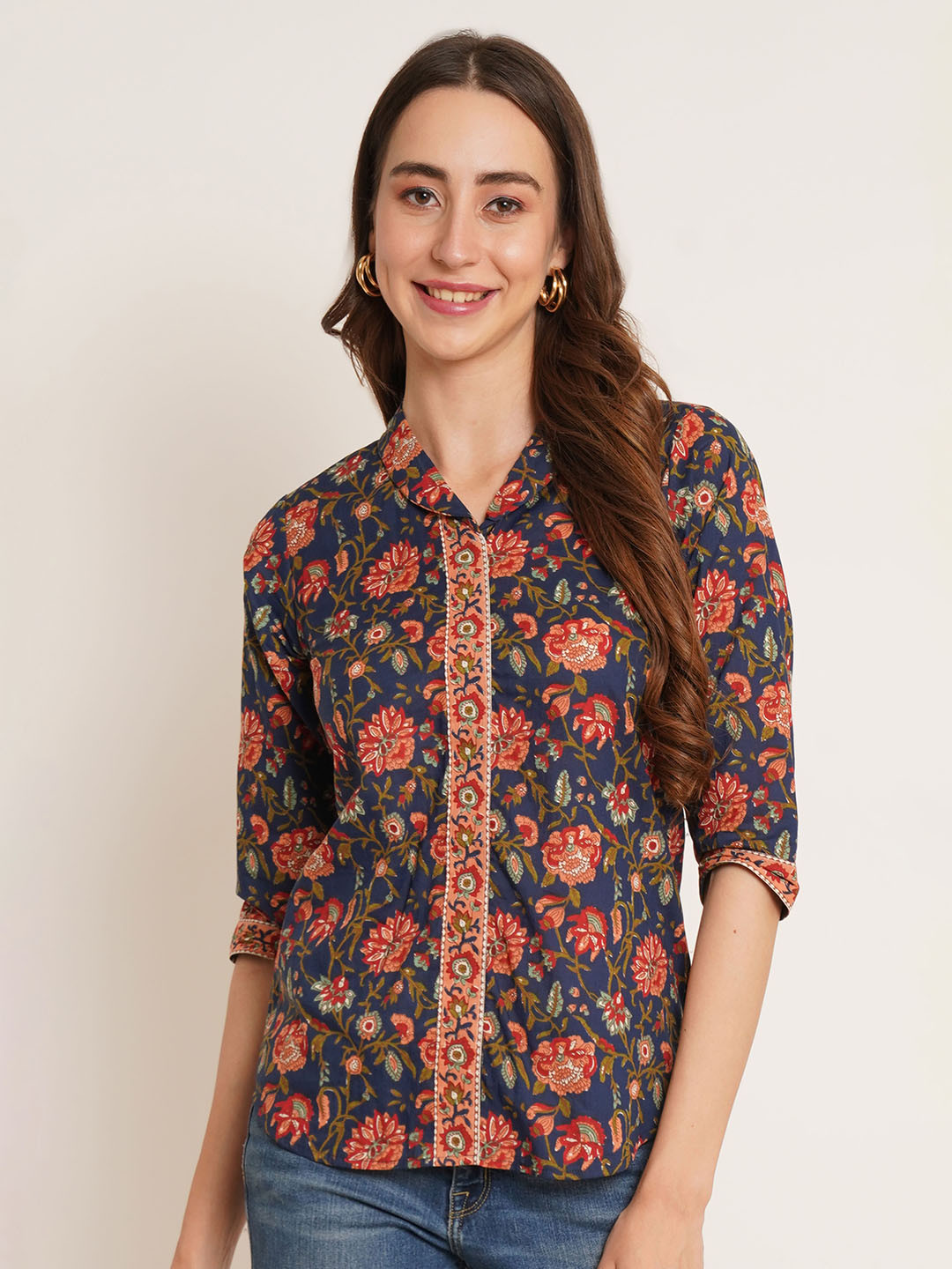 

COTLAND FASHION Floral Print Shirt Collar Cotton Shirt Style Top, Navy blue