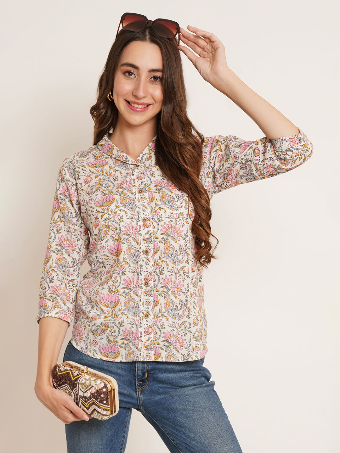 

COTLAND FASHION Floral Printed Pure Cotton Shirt Style Top, Off white