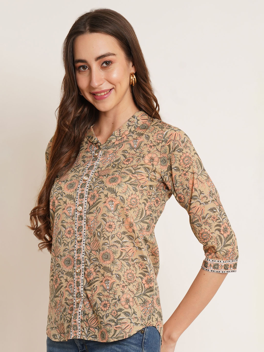 

COTLAND FASHION Floral Printed Pure Cotton Shirt Style Top, Beige