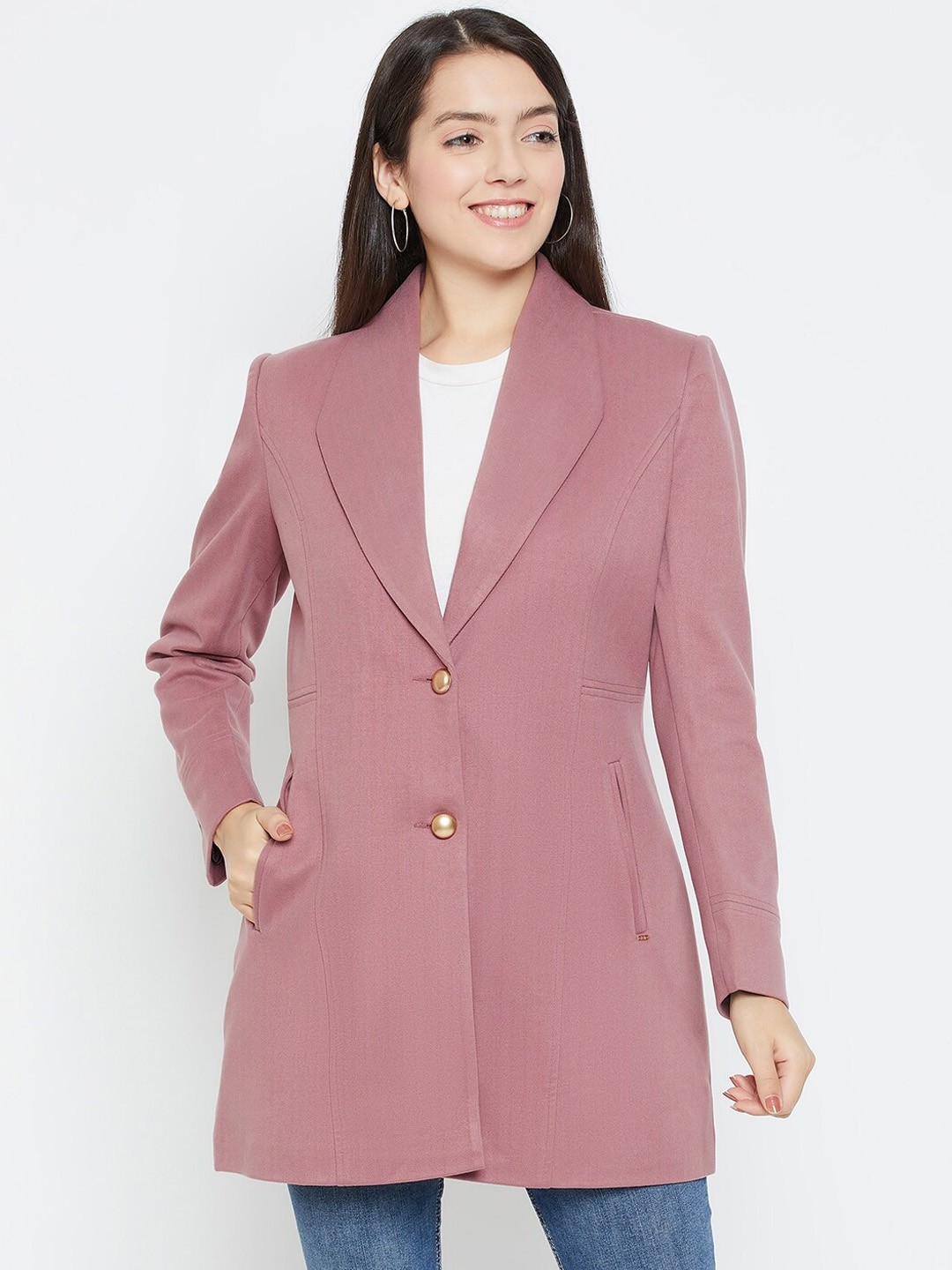 

Okane Plus Size Single-Breasted Shawl Collar Longline Blazer, Pink