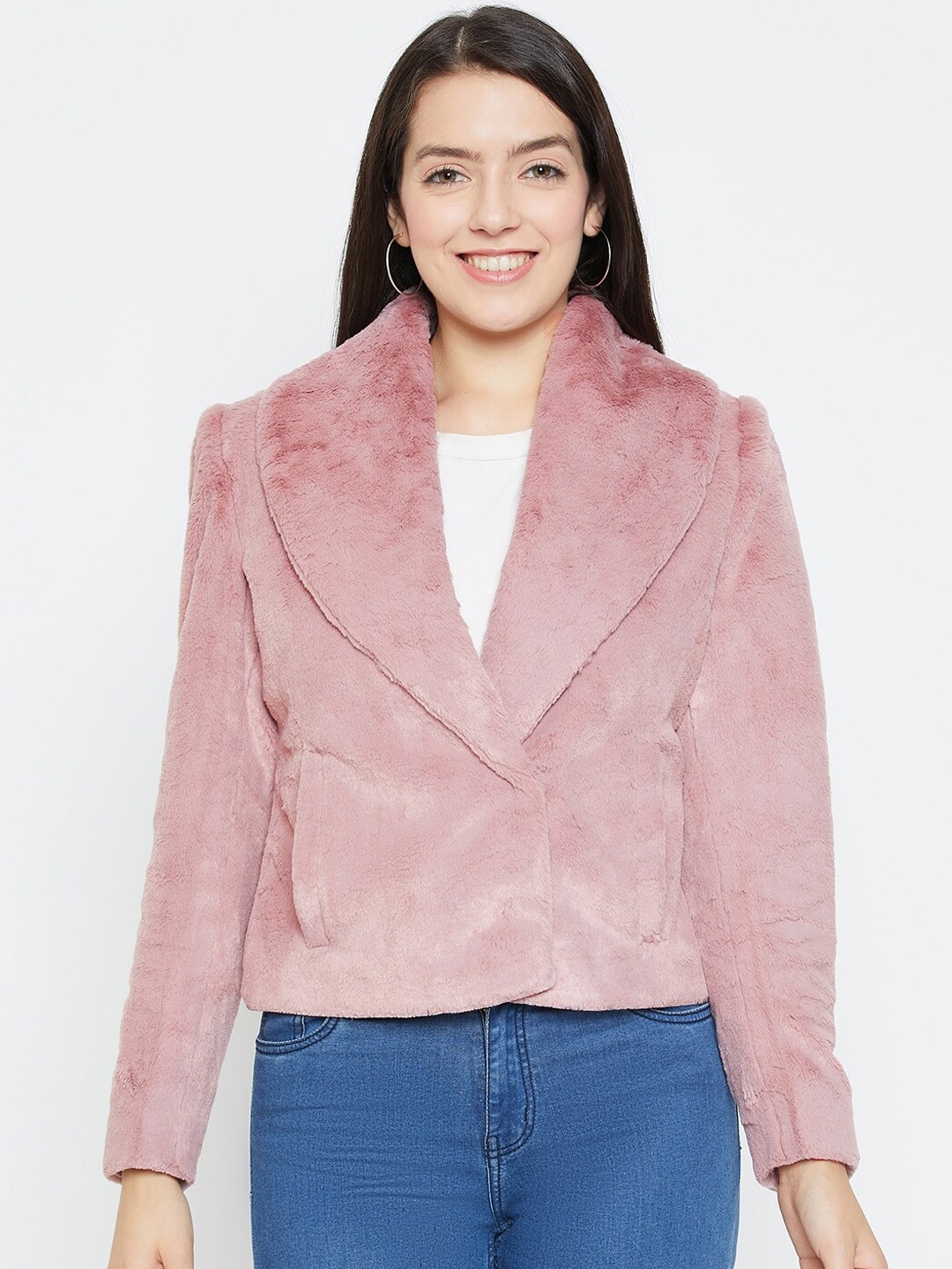 

Okane Single Breasted Shawl Collar Faux Fur Overcoat, Pink