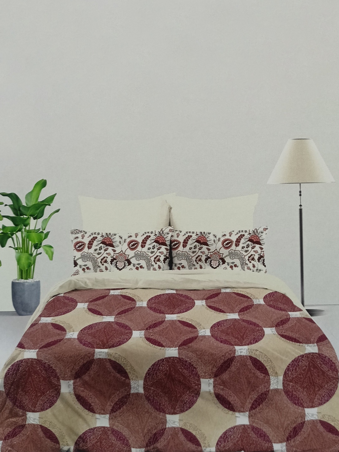 

Signature Beige & Red Geometric Cotton 160 TC Queen Bedsheet With 2 Pillow Covers