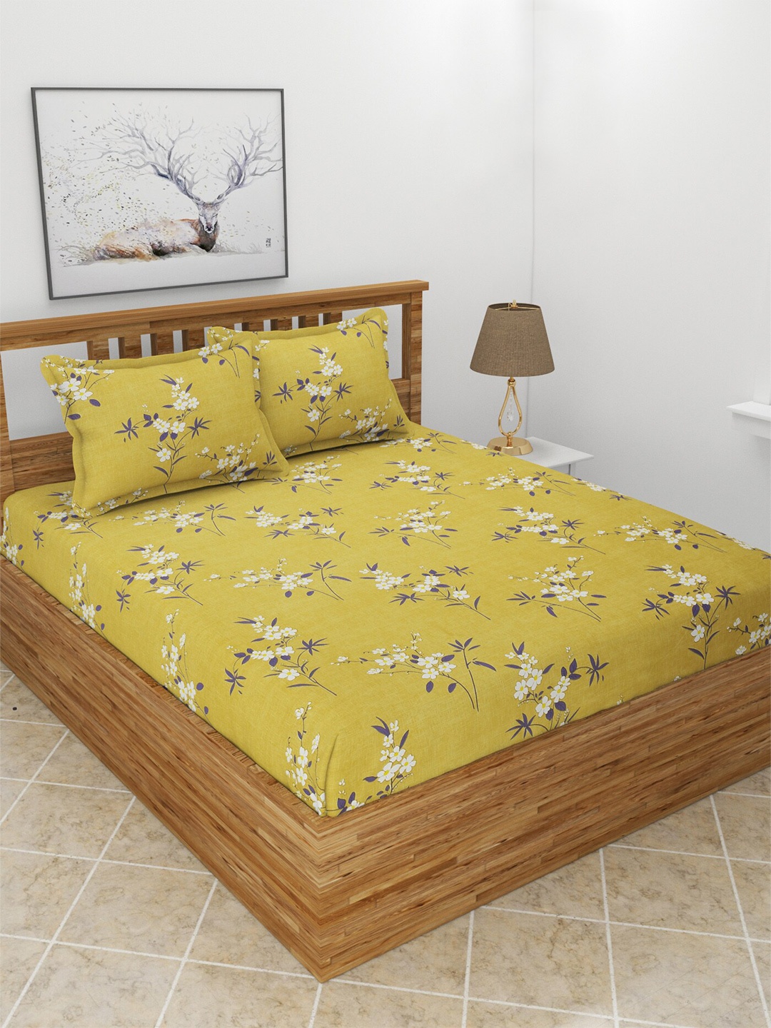

BREVARD Green & White Floral 210 TC Fitted Queen Bedsheet with 2 Pillow Covers