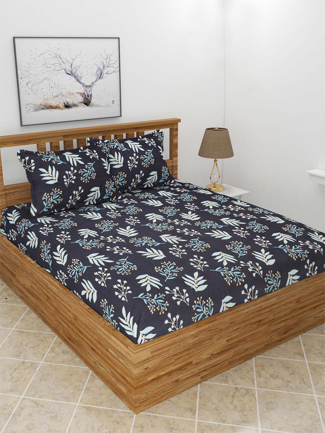 

BREVARD Black & Blue Floral 210 TC Fitted Queen Bedsheet with 2 Pillow Covers