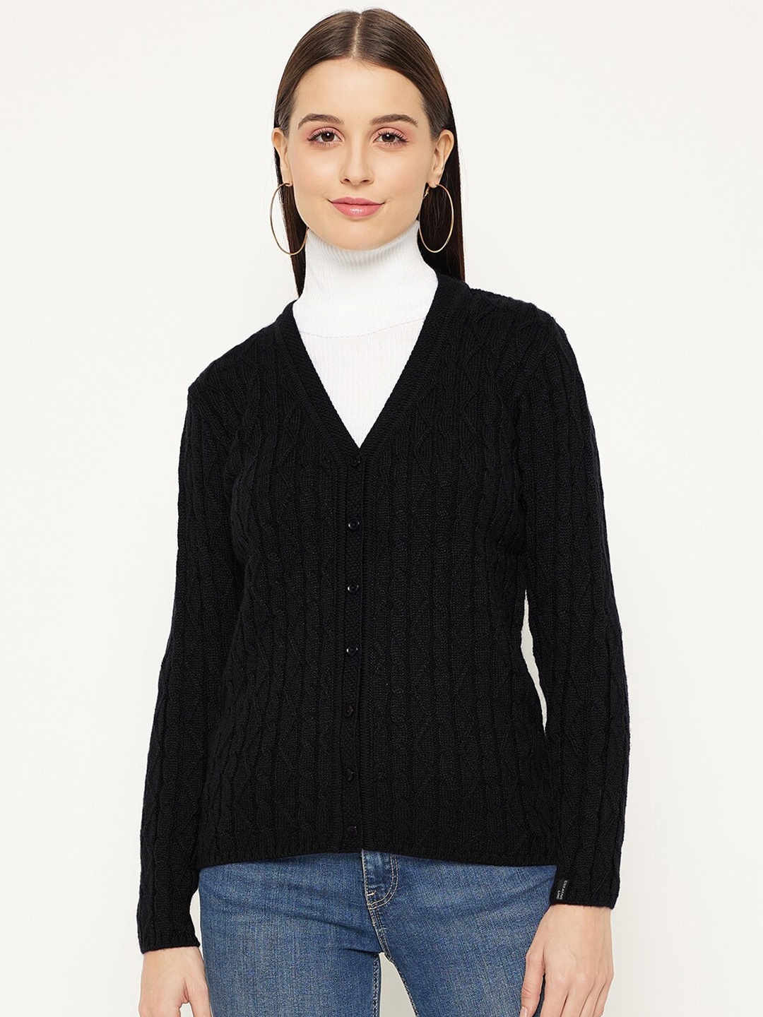 

CREATIVE LINE Self Design Cable Knit Wool Cardigan, Black