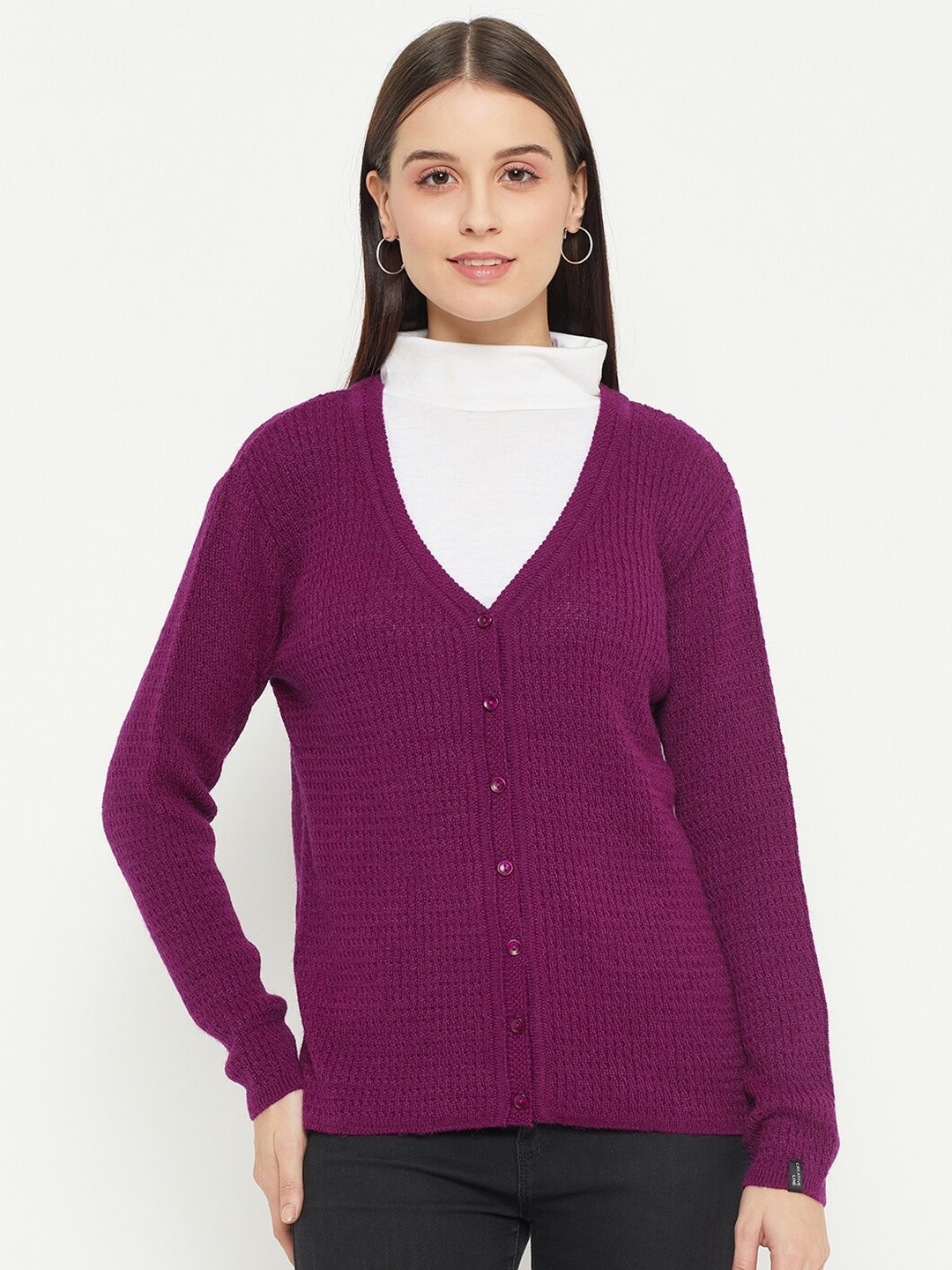 

CREATIVE LINE Self Design Cable Knit Wool Cardigan, Purple