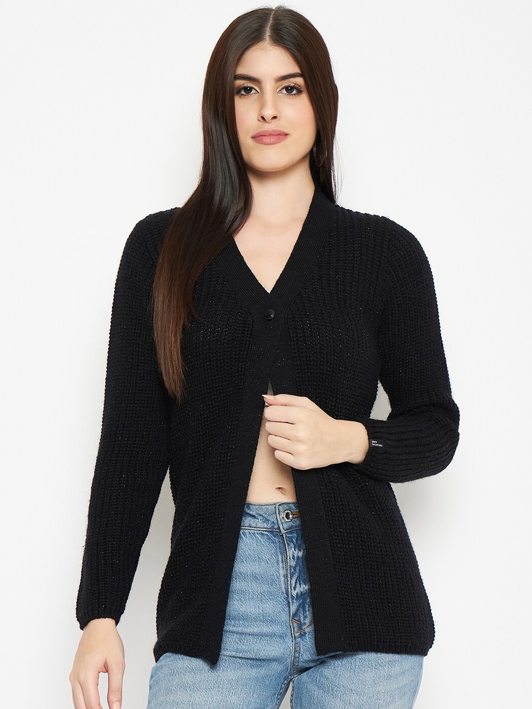 

CREATIVE LINE Cable Knit V-Neck Long Sleeves Woollen Cardigan Sweater, Black