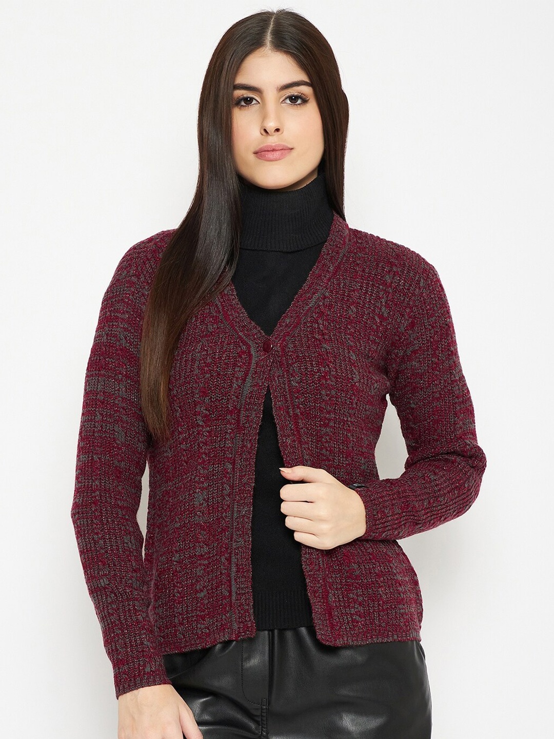

CREATIVE LINE Cable Knit Self Design V-Neck Woollen Cardigan, Maroon