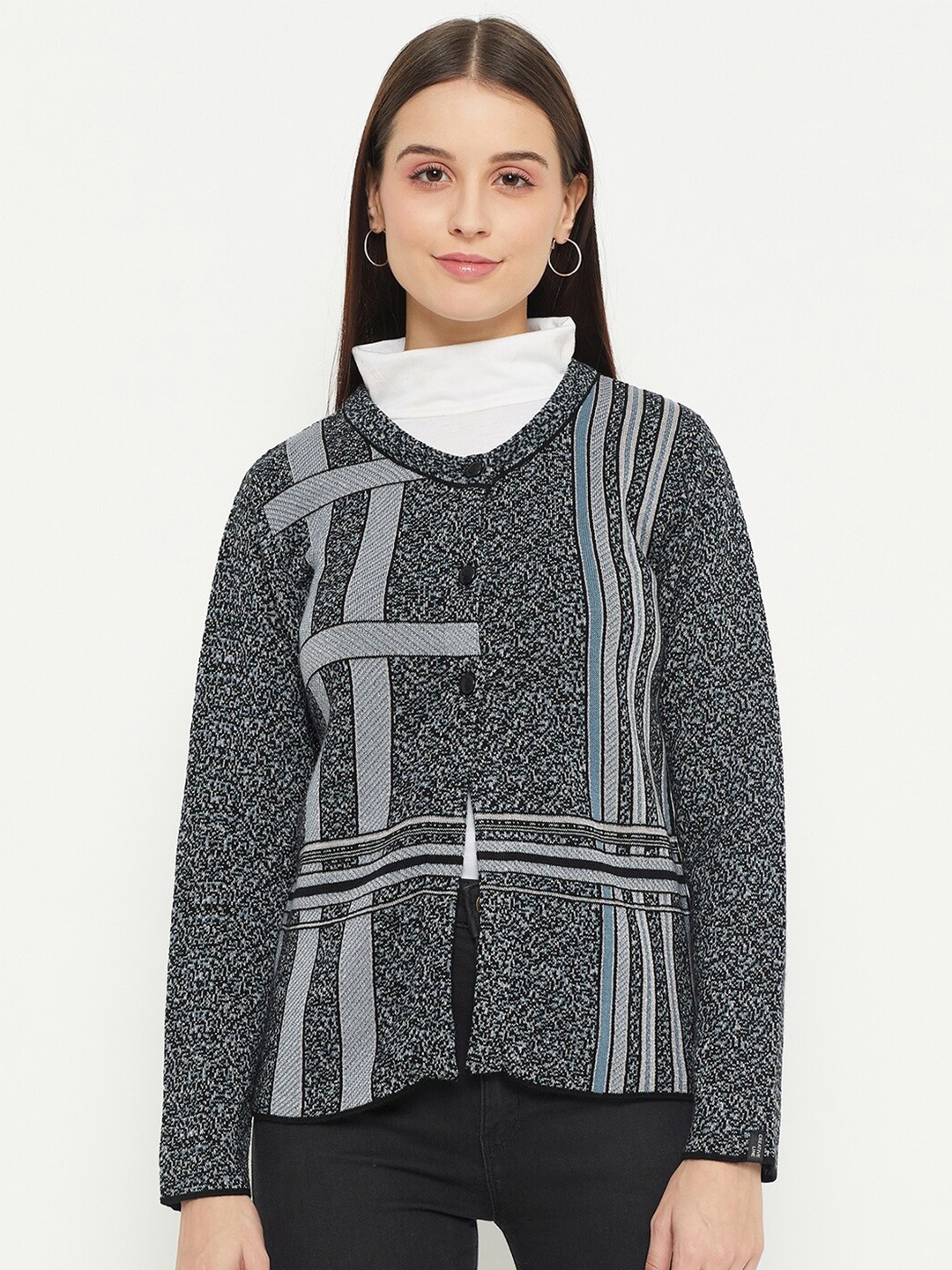 

CREATIVE LINE Self Design Woollen Cardigan, Grey