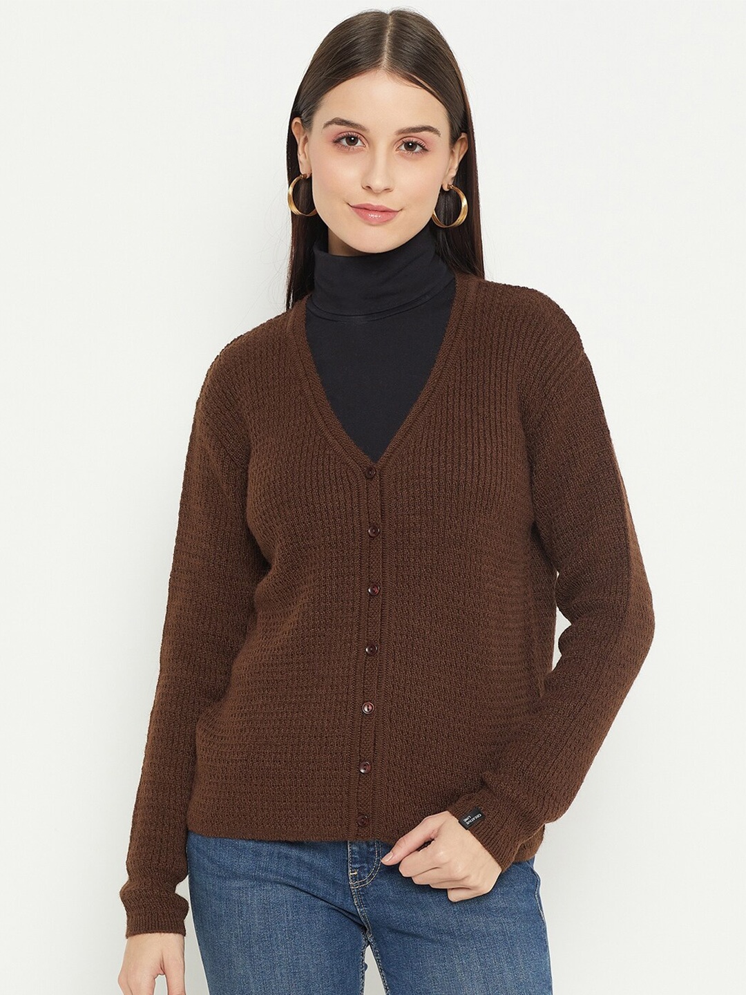 

CREATIVE LINE Ribbed V-Neck Woollen Cardigan, Brown