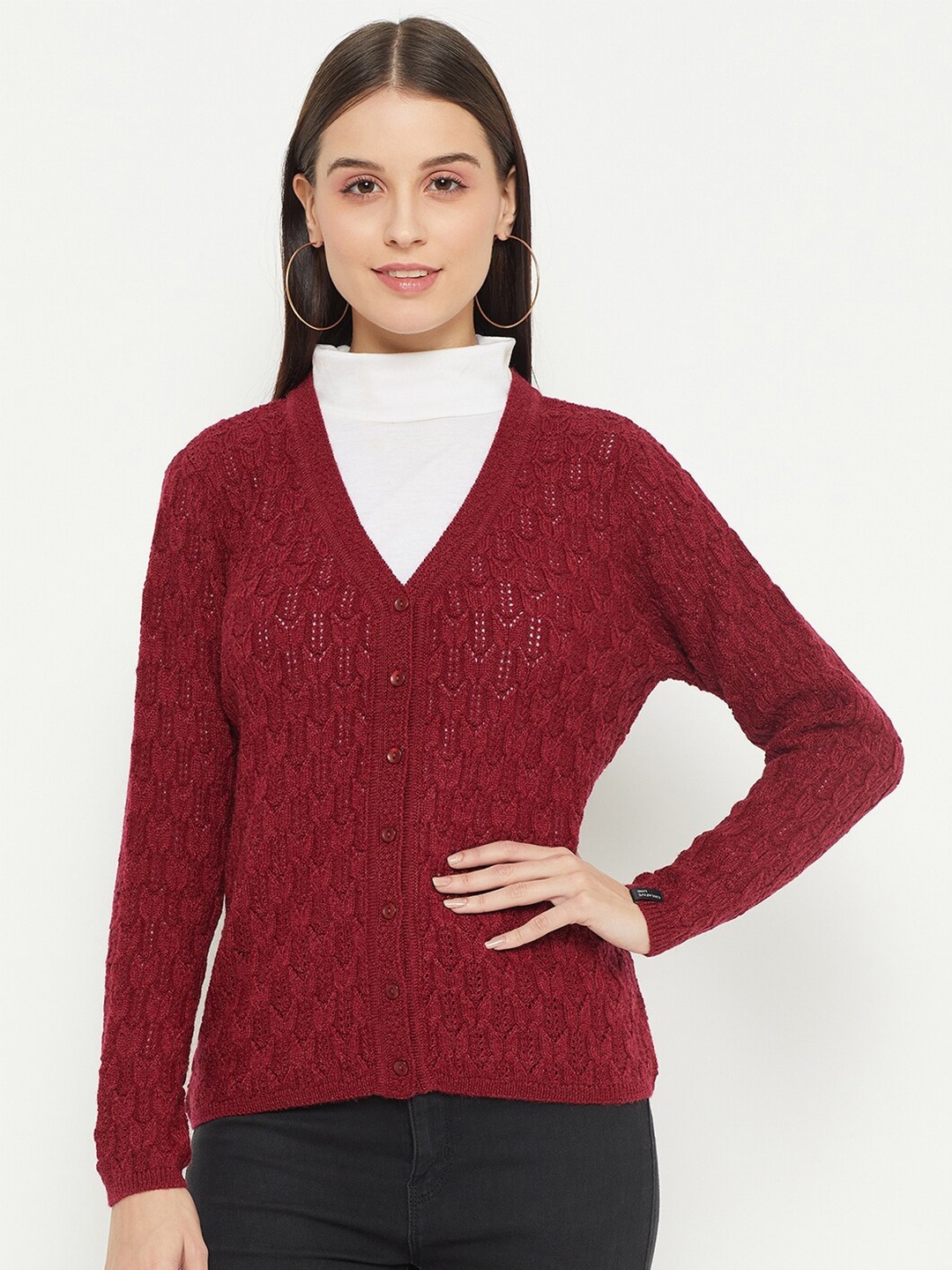 

CREATIVE LINE Self Design Cable Knit Wool Cardigan, Maroon