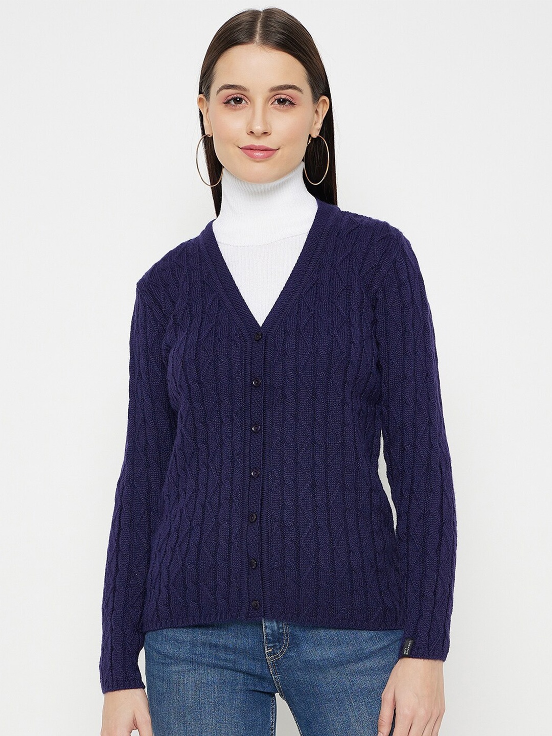 

CREATIVE LINE Cable Knit V-Neck Woollen Cardigan, Navy blue