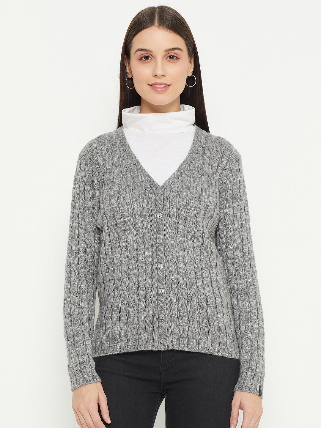 

CREATIVE LINE Cable Knit V-Neck Long Sleeves Woollen Cardigan Sweater, Grey