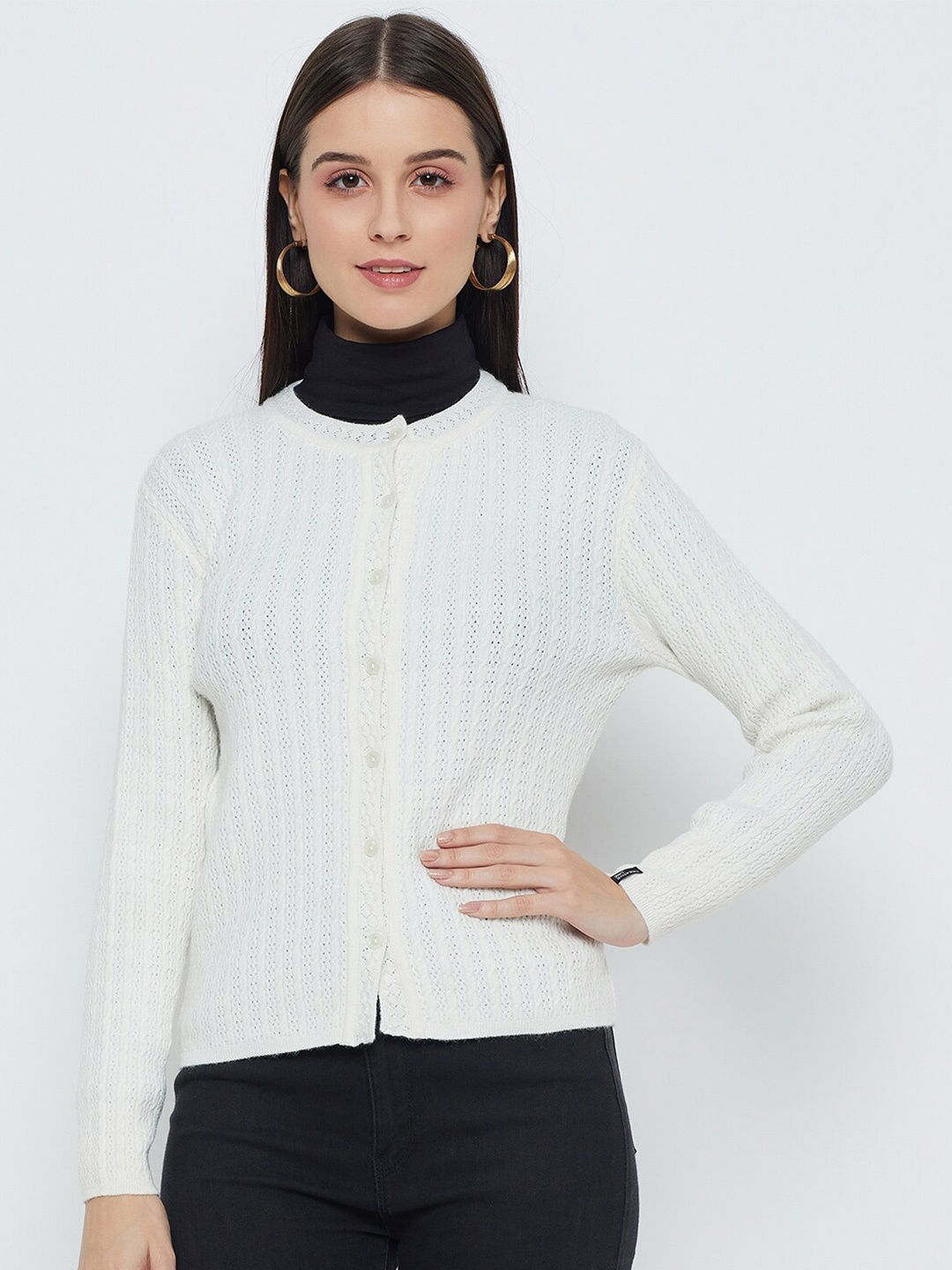 

CREATIVE LINE Self Design Cable Knit Wool Cardigan, White