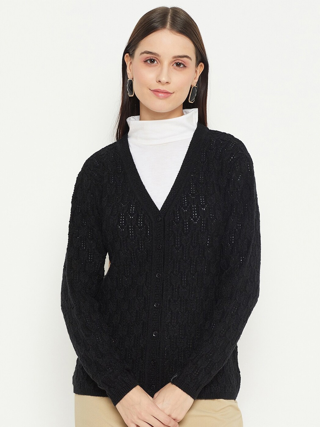 

CREATIVE LINE Self Design Cable Knit Wool Cardigan, Black