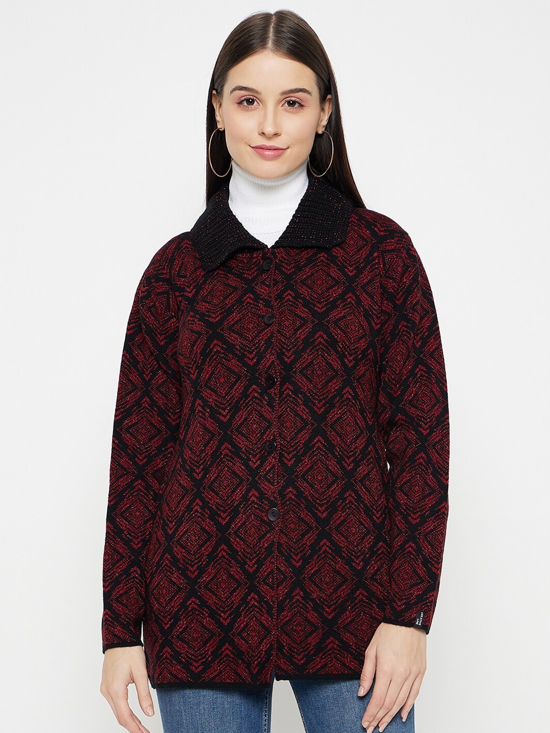 

CREATIVE LINE Self Design Woollen Cardigan, Red