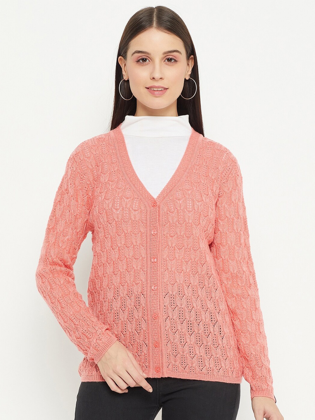 

CREATIVE LINE Open Knit Self Design V-Neck Woollen Cardigan, Peach