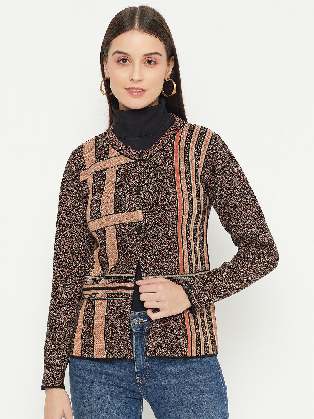 

CREATIVE LINE Self Design Woolen Cardigan, Orange