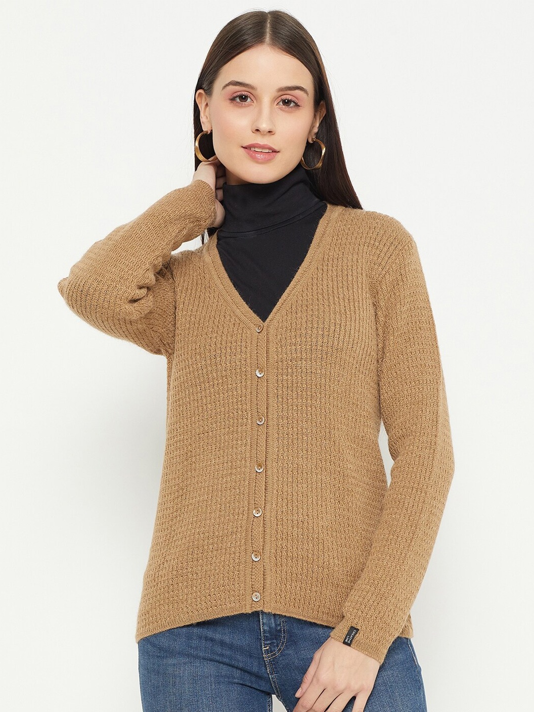 

CREATIVE LINE Self Design Cable Knit Wool Cardigan, Beige