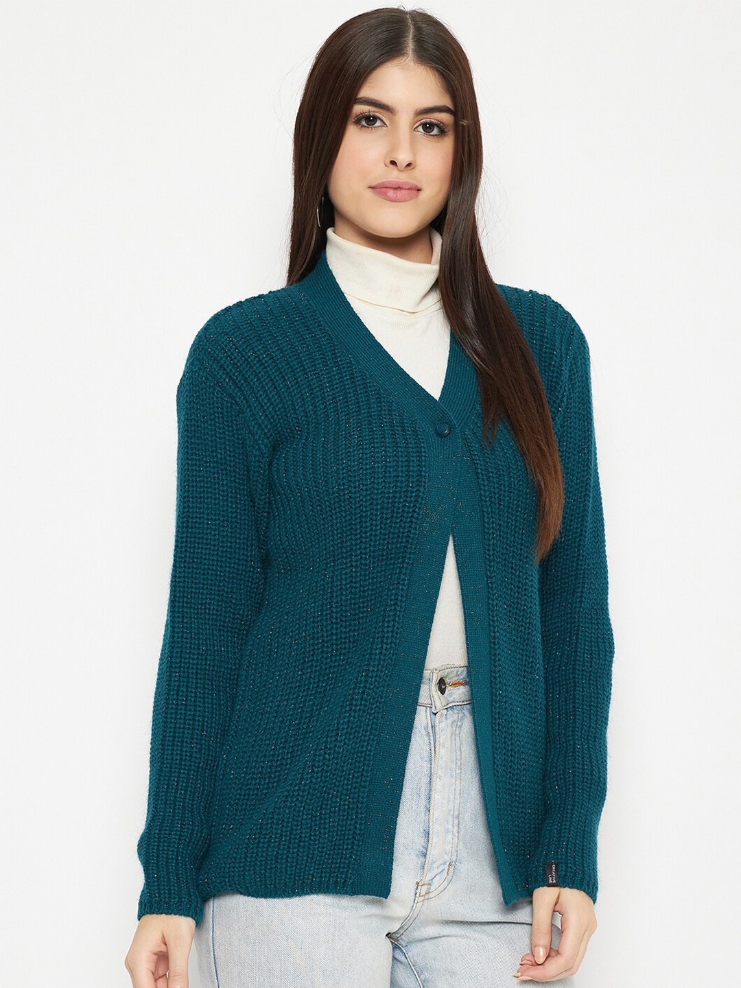 

CREATIVE LINE Cable Knit Self Design Woollen Cardigan Sweaters, Teal