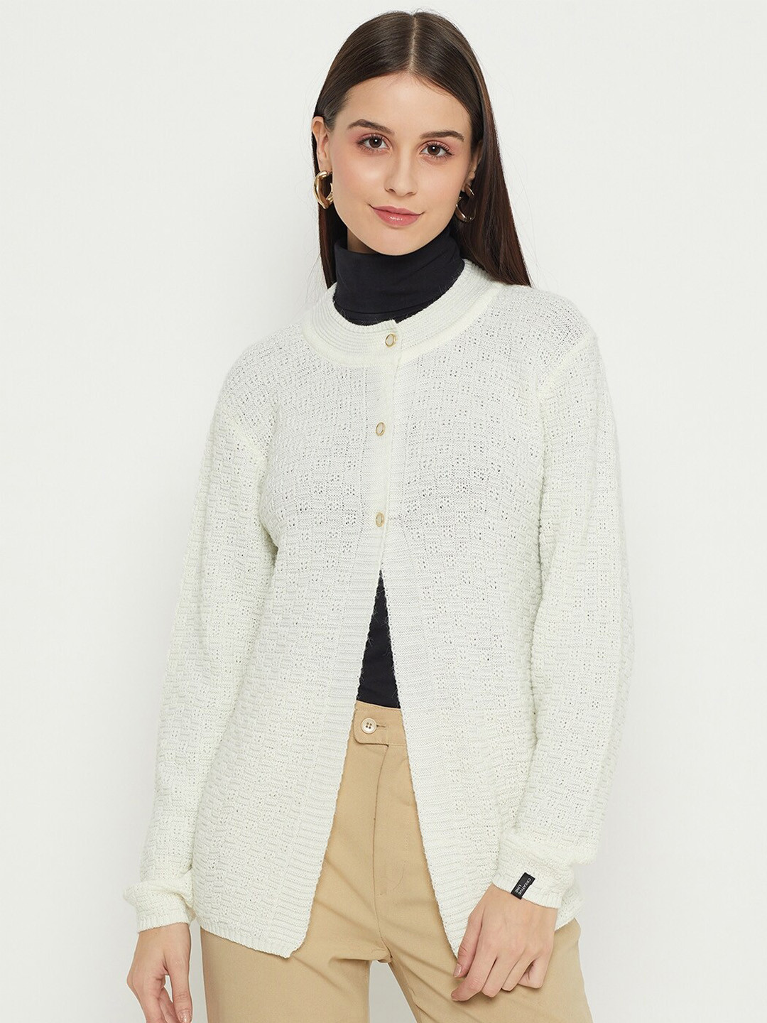 

CREATIVE LINE Cable Knit Round Neck Long Sleeves Woollen Cardigan Sweater, White