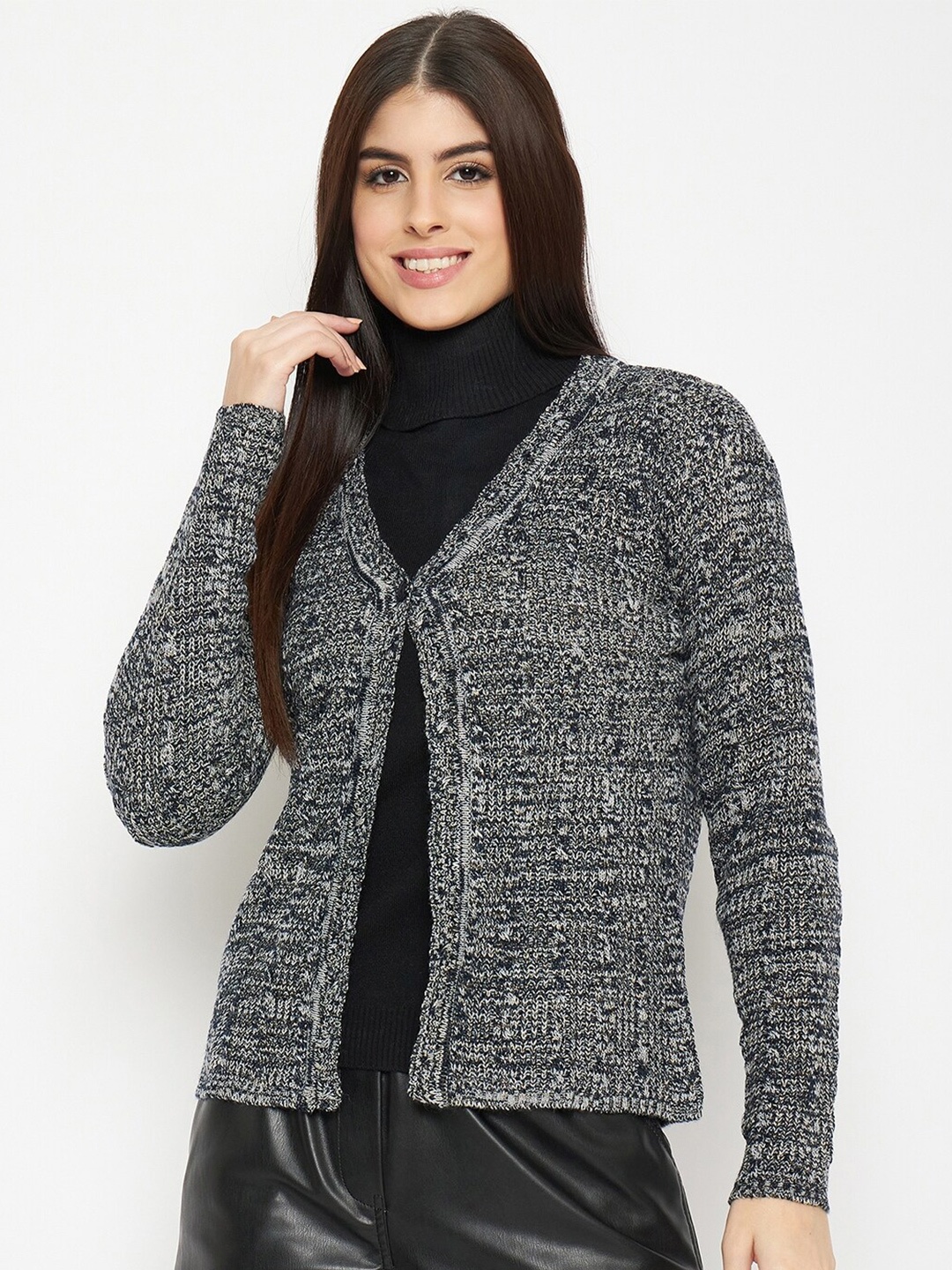 

CREATIVE LINE Cable Knit V-Neck Long Sleeves Woollen Cardigan Sweater, Navy blue