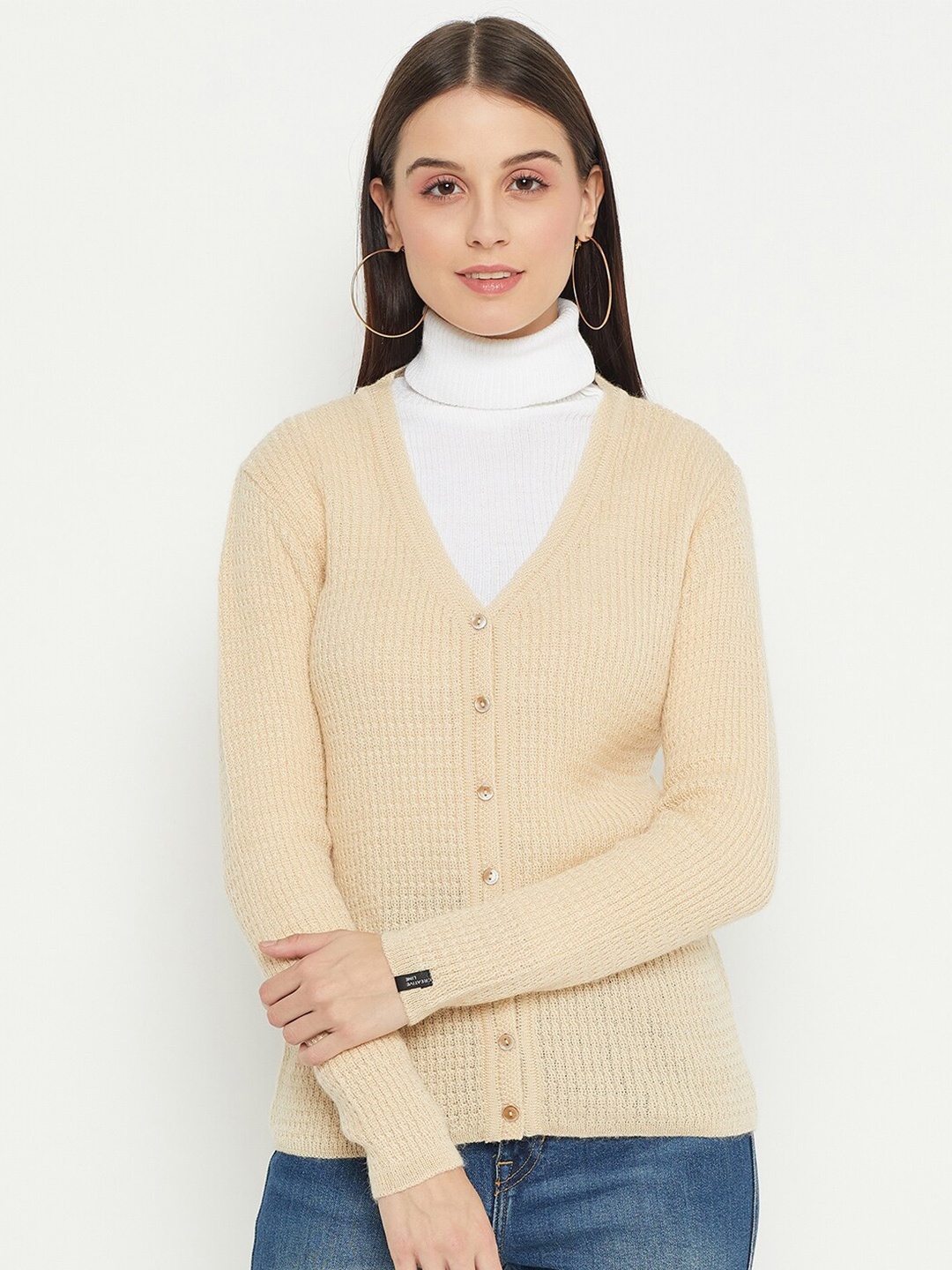 

CREATIVE LINE Cable Knit Woolen Cardigan Sweater, Beige