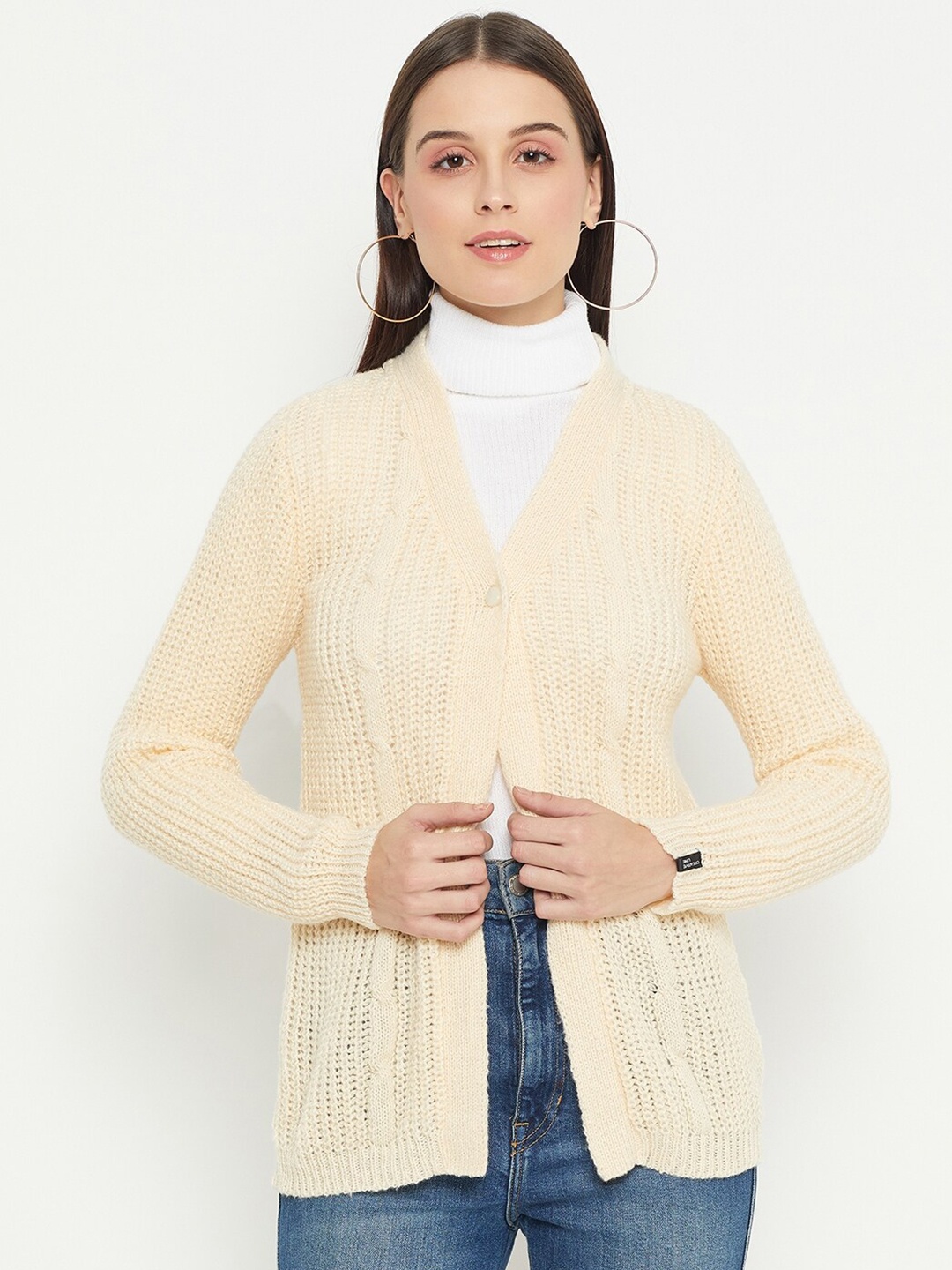 

CREATIVE LINE Cable Knit Self Design Woollen Cardigan Sweaters, Beige