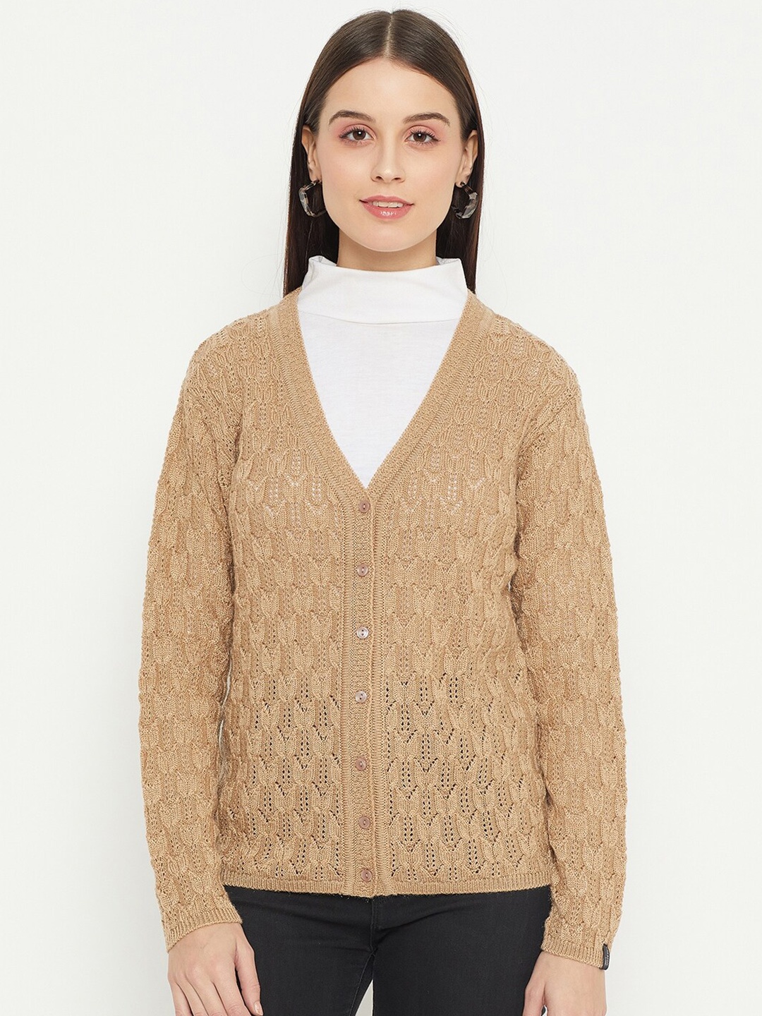 

CREATIVE LINE Cable Knit V-Neck Long Sleeves Woollen Cardigan Sweater, Beige