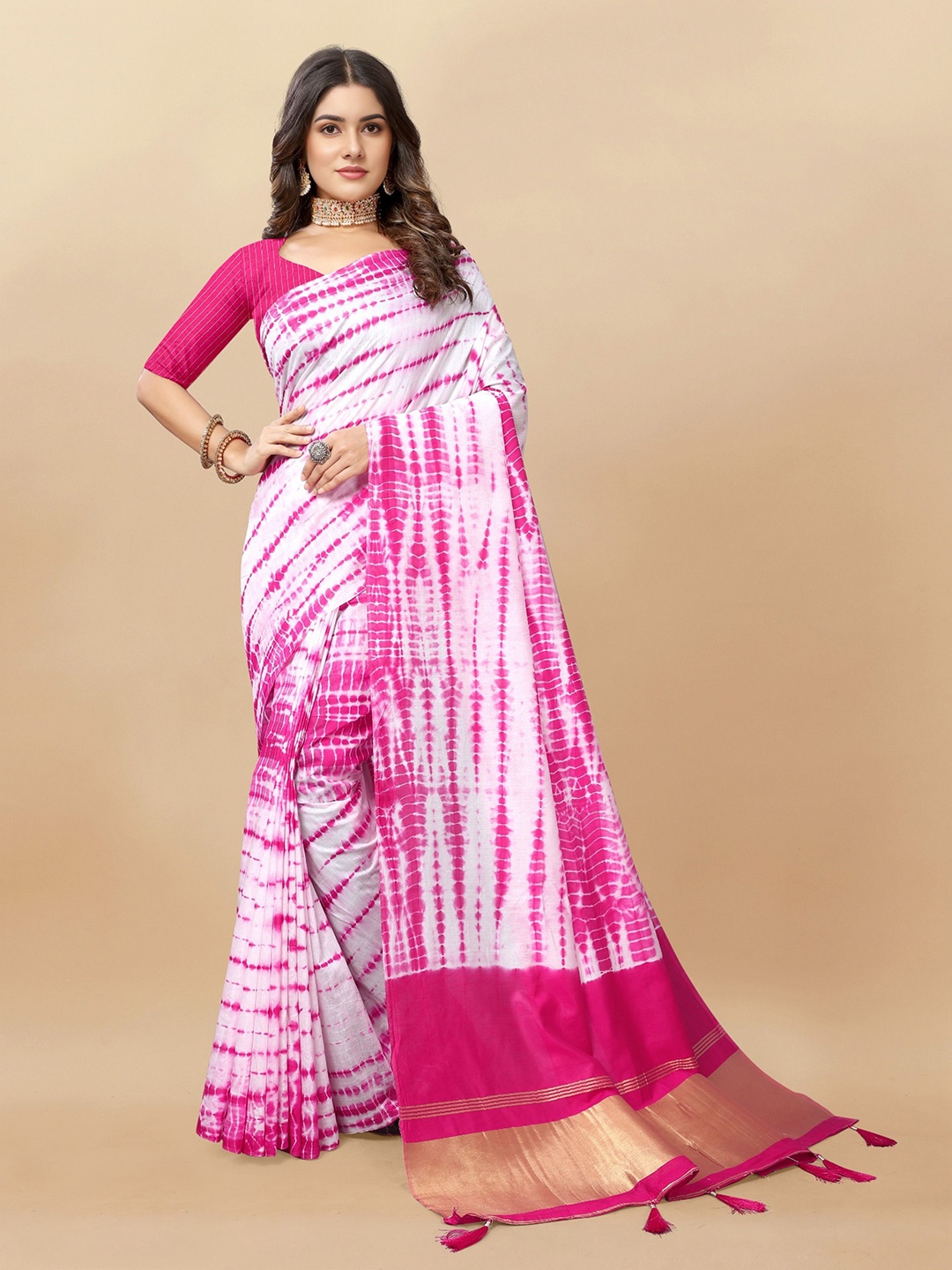 

V3 FASHION STUDIO Tie and Dye Zari Pure Cotton Jamdani Saree, Pink