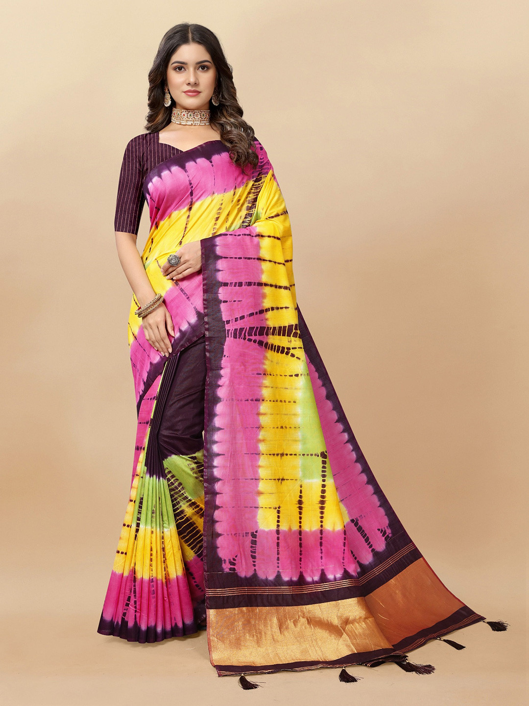 

V3 FASHION STUDIO Tie and Dye Zari Pure Cotton Jamdani Saree, Burgundy