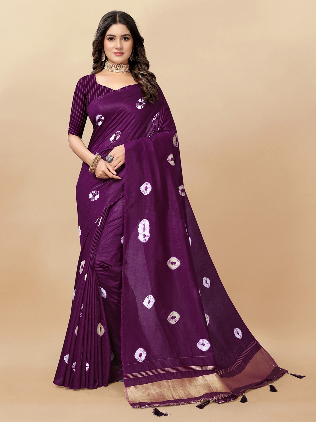 

V3 FASHION STUDIO Tie and Dyed Pure Cotton Jamdani Saree, Purple