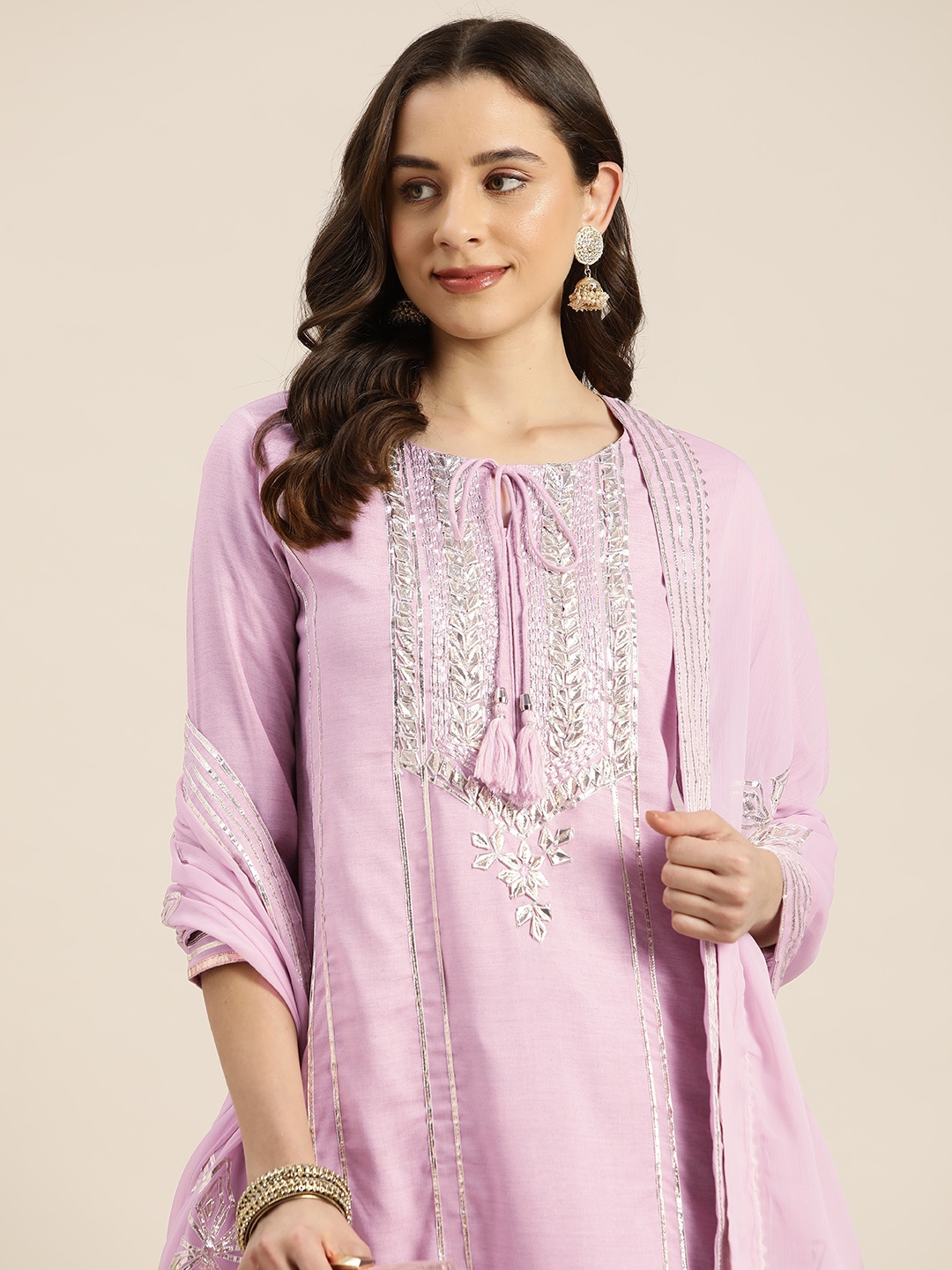 

HERE&NOW Women Yoke Design Regular Gotta Patti Kurta with Palazzos & Dupatta, Pink