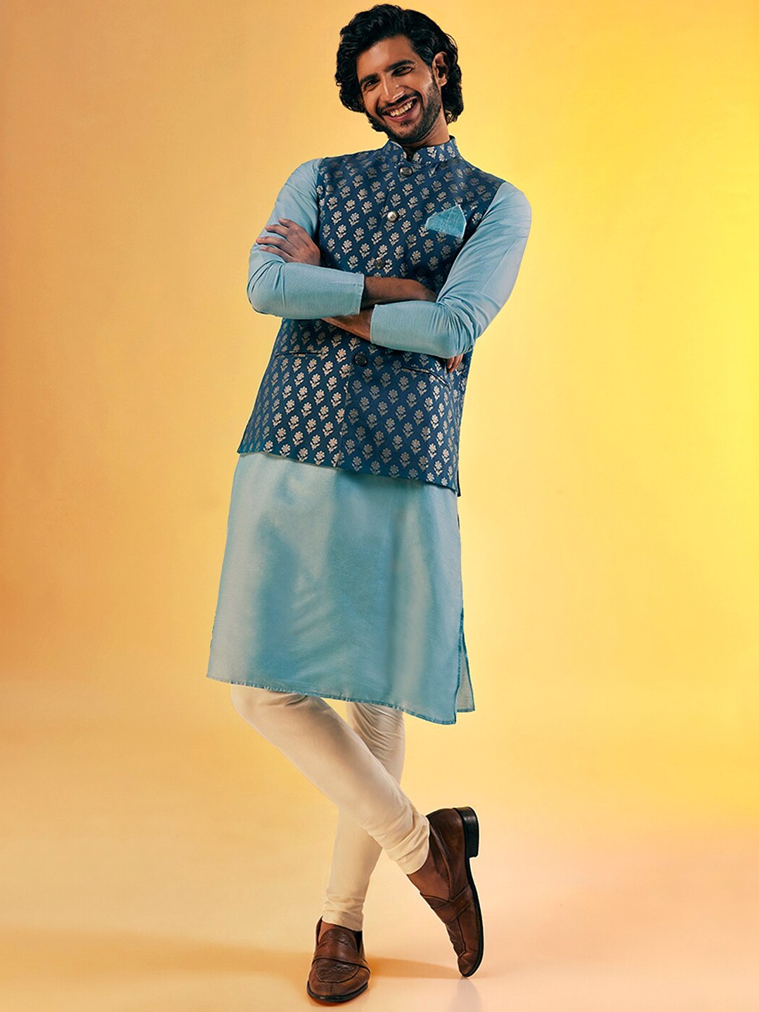 

KISAH Mandarin Collar Pure Cotton Kurta with Churidar And Printed Nehru Jacket, Blue