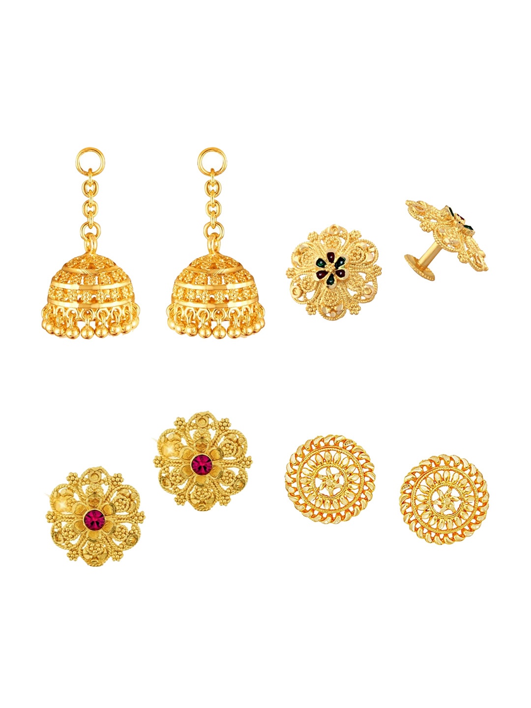 Vighnaharta Pack Of 3 Gold-Plated Floral Studs With Removable Jhumkas