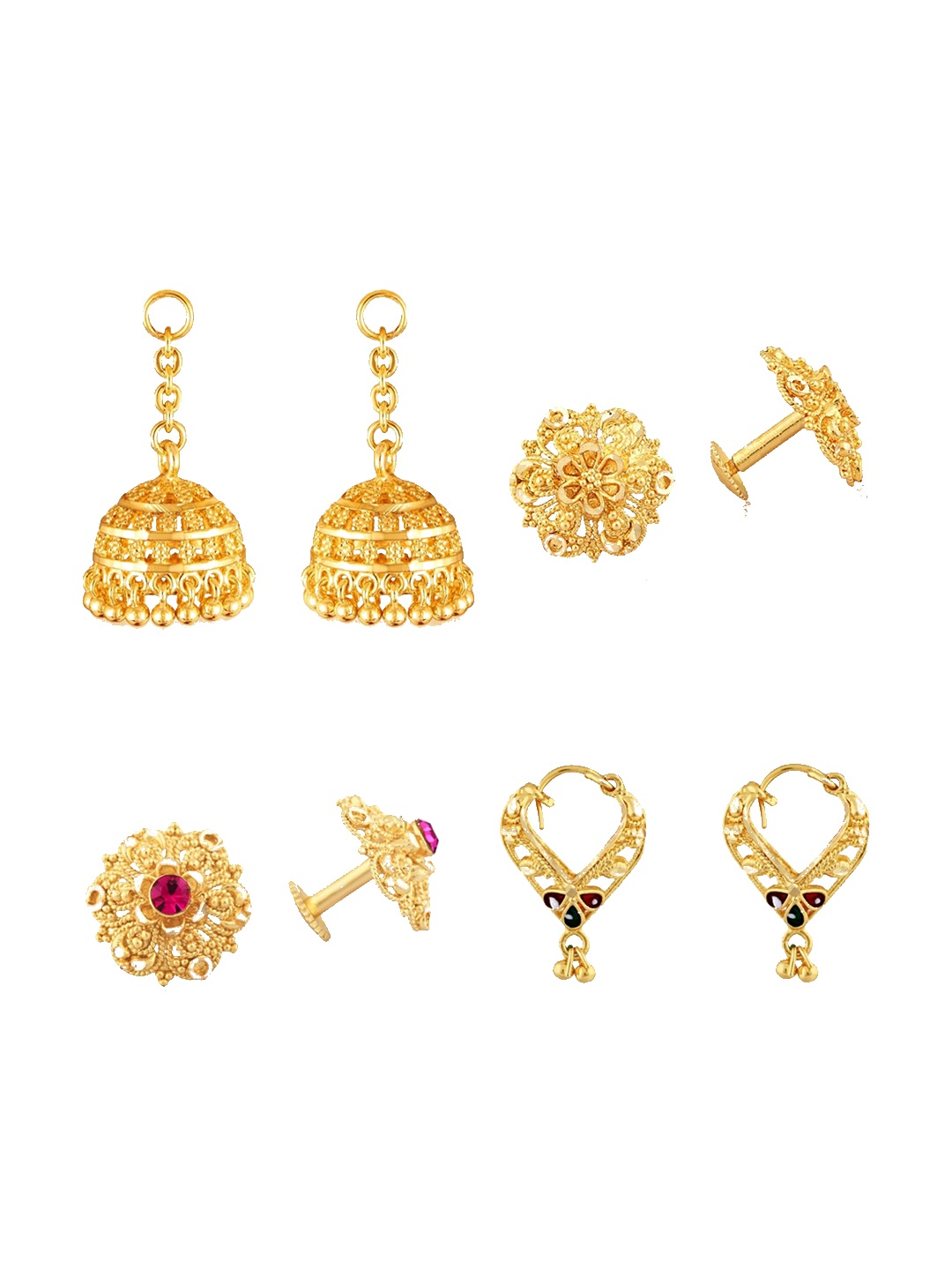 Vighnaharta Pack Of 3 Gold-Plated Floral Studs With Removable Jhumkas