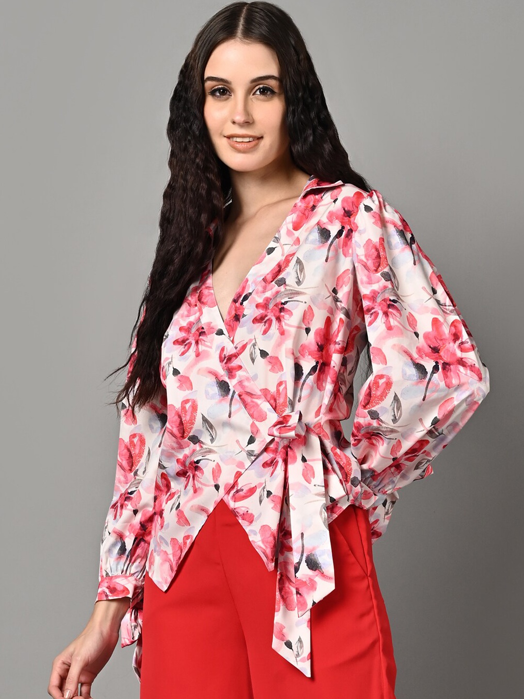 

Justin Whyte Floral Printed V-Neck Wrap Top With Palazzo, Red