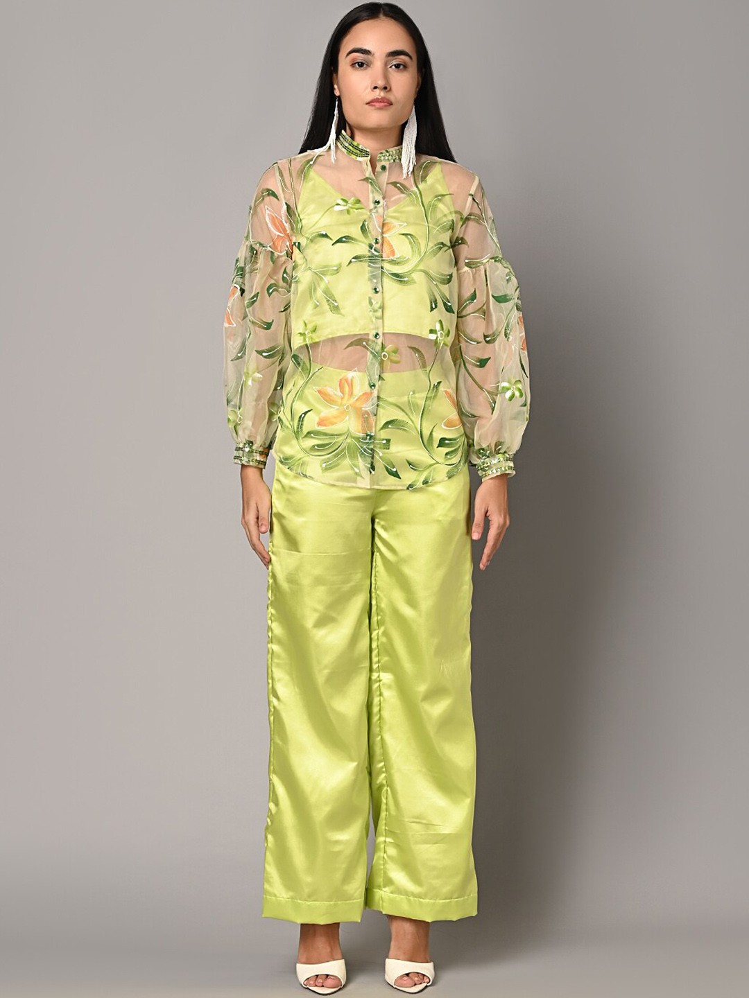 

Justin Whyte Shoulder Straps Crop Top With Shirt & Trouser, Green