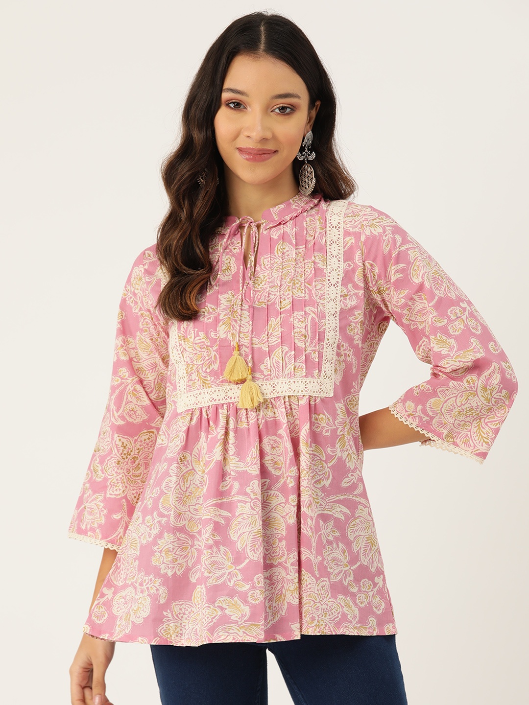 

Jaipur Morni Floral Printed Tie-Up Neck Pure Cotton Tunic, Pink