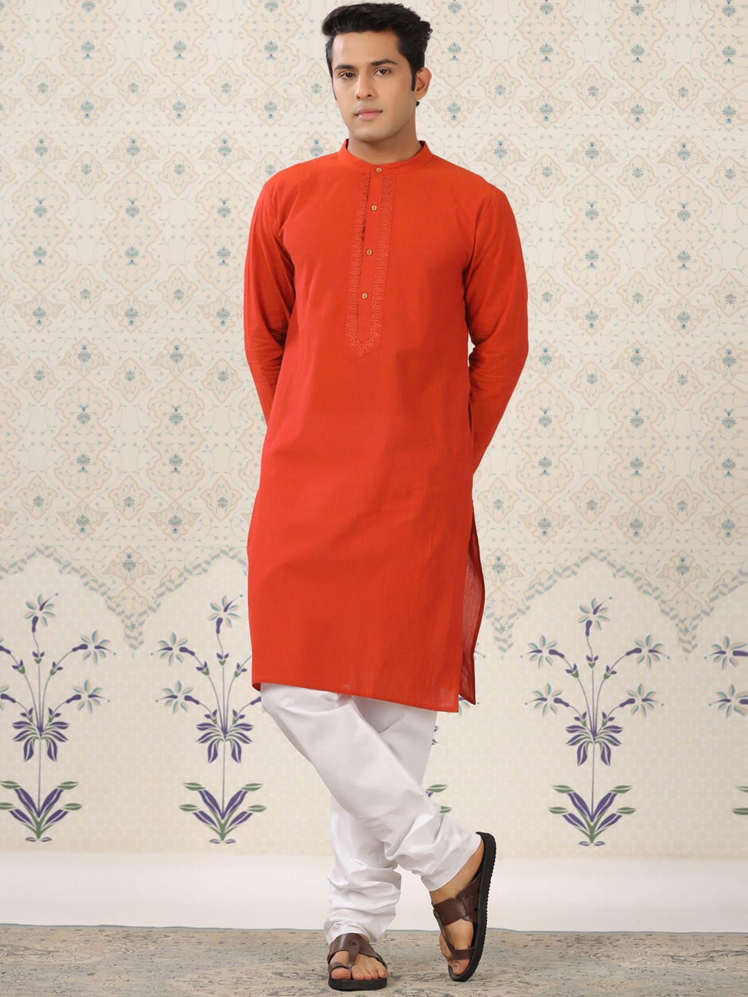 

Ode by House of Pataudi Band Collar Pure Cotton Straight Kurta, Orange