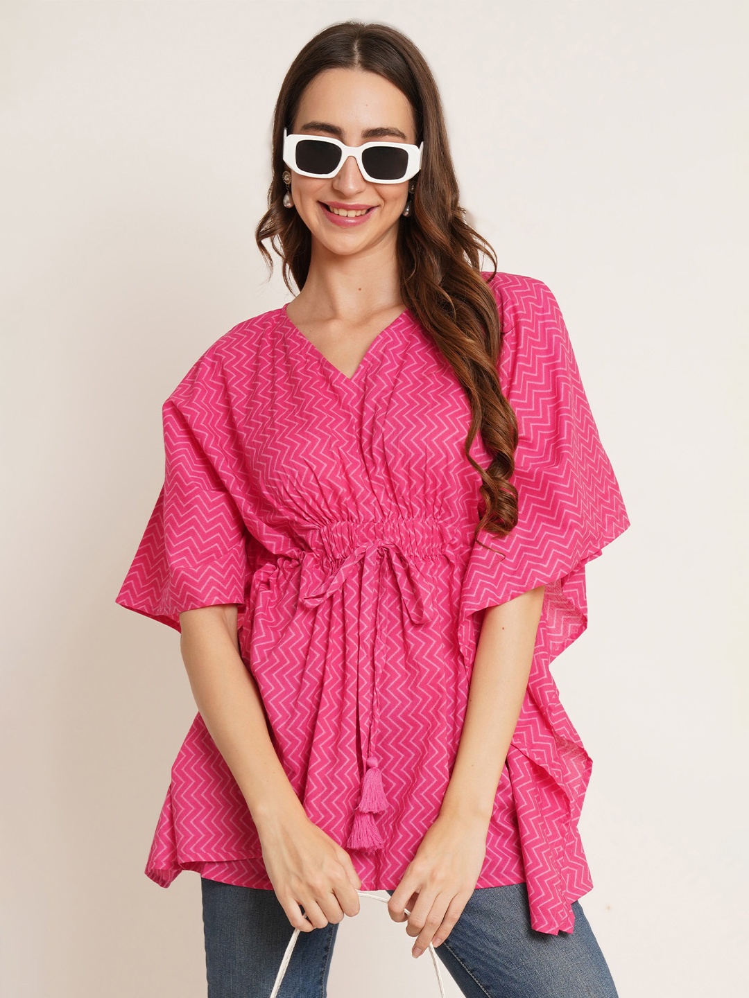 

COTLAND FASHION Chevron Printed V-Neck Kimono Sleeve Cotton Cinched Waist Top, Pink