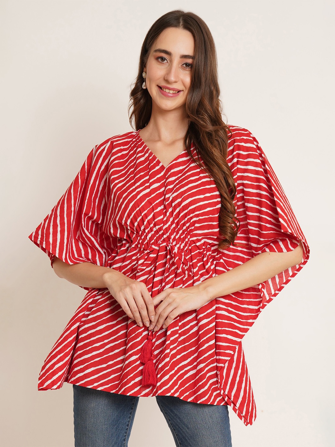 

COTLAND FASHION Geometric Printed V-Neck Kimono Sleeves Pure Cotton Kaftan Longline Top, Red