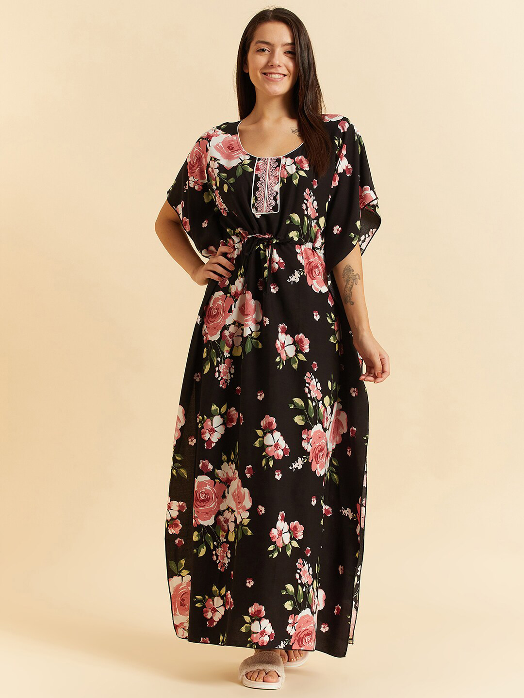 

Sweet Dreams Black Floral Printed Maxi Kaftan Nightdress