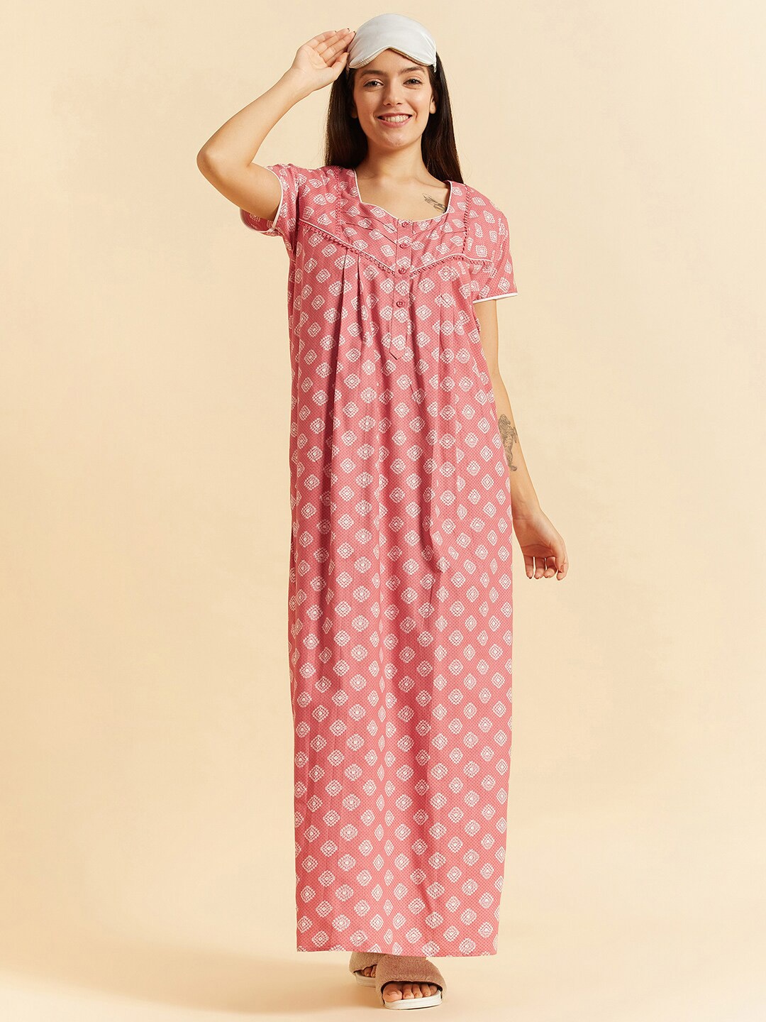 

Sweet Dreams Peach-Coloured Ethnic Motifs Printed Pure Cotton Maxi Nightdress