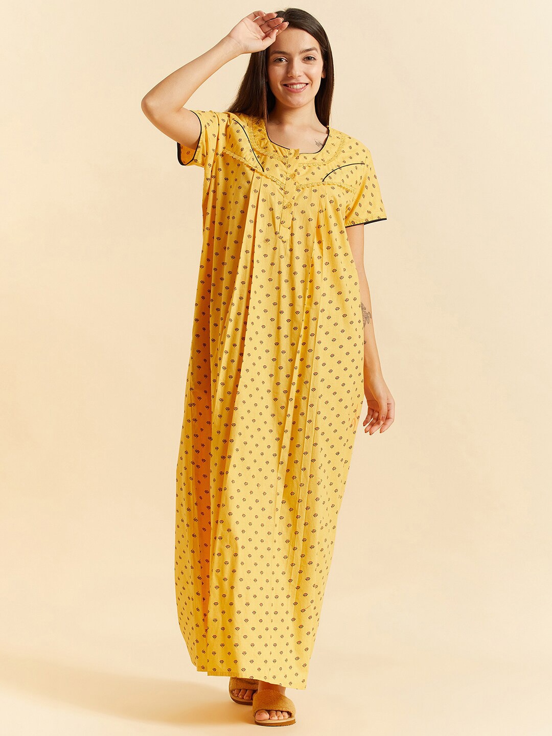 

Sweet Dreams Yellow Ethnic Motifs Printed Pure Cotton Maxi Nightdress