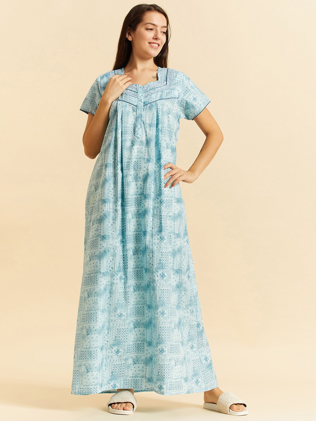 

Sweet Dreams Blue Ethnic Motifs Printed Pure Cotton Maxi Nightdress