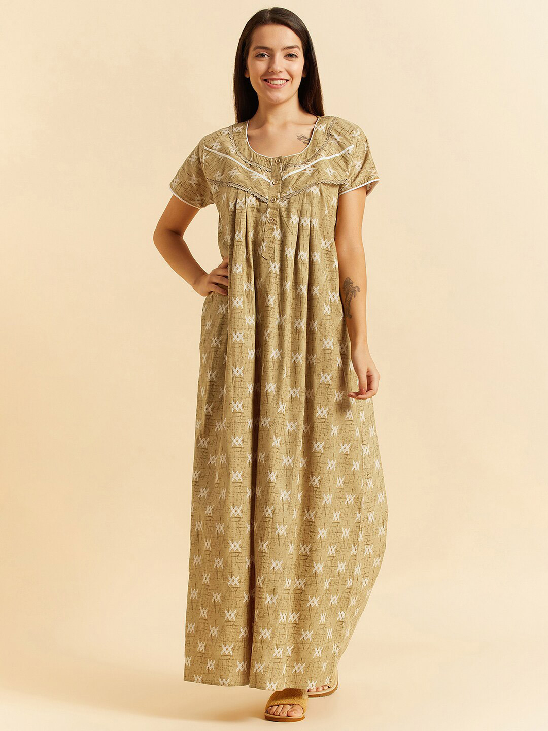 

Sweet Dreams Khaki Geometric Printed Pure Cotton Maxi Nightdress