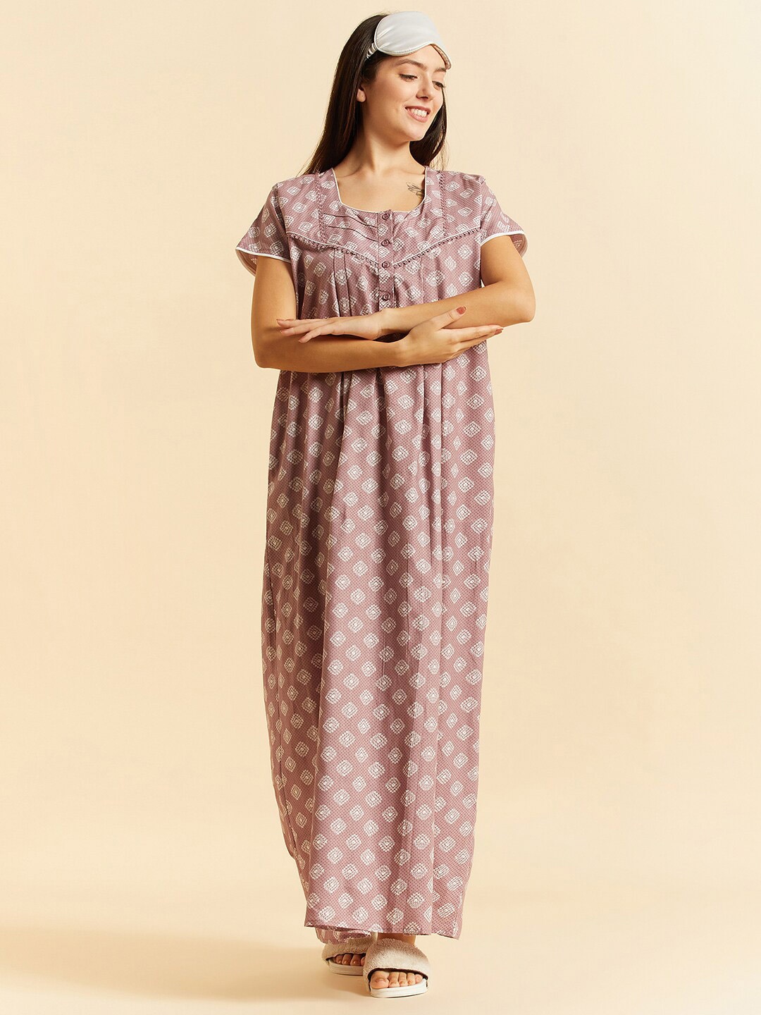 

Sweet Dreams Mauve Ethnic Motifs Printed Pure Cotton Maxi Nightdress